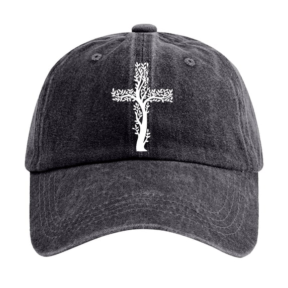 XFeng Tree of Life Cross Embroidery Baseball Cap, Vintage Washed Black Adjustable Faith Casual Dad Hat