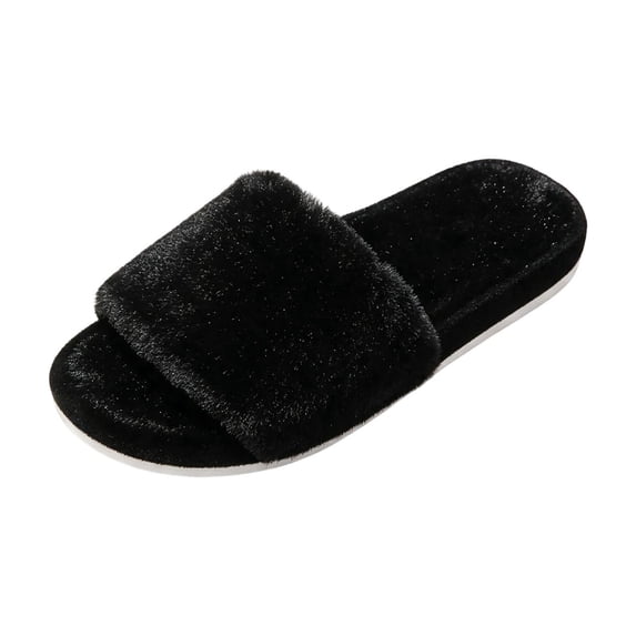 XFeng Women Black Fuzzy Faux Fur Slide Slippers Open‑Toe House Slippers