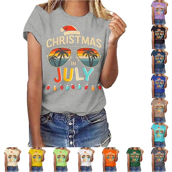 XFeng Women Christmas In July T-Shirt, Retro Sunset Palm Tree Sunglasses Santa Hat String Lights Graphic Short Sleeve Crew Neck Casual Summer Beach Tee