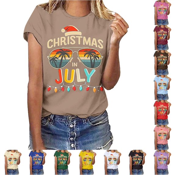 XFeng Women Christmas In July T-Shirt, Retro Sunset Palm Tree Sunglasses Santa Hat String Lights Graphic Short Sleeve Crew Neck Casual Summer Beach Tee