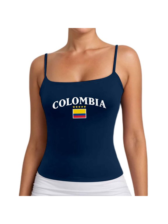 Women Colombia Flag Print Cami Tank Top, Slim Spaghetti Strap Square Neck Camisole