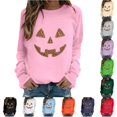 thumbnail image 1 of XFeng Women Crew Neck Long Sleeve Sweatshirt, Rhinestone Jack-O-Lantern Pumpkin Face Graphic Casual Holiday Pullover Top, 1 of 4