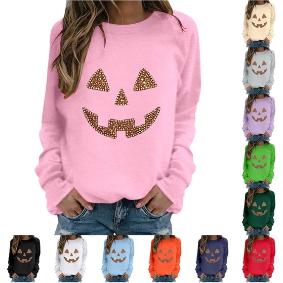 XFeng Women Crew Neck Long Sleeve Sweatshirt, Rhinestone Jack-O-Lantern Pumpkin Face Graphic Casual Holiday Pullover Top