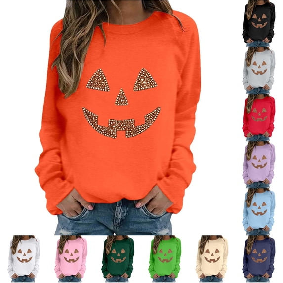 XFeng Women Crew Neck Long Sleeve Sweatshirt, Rhinestone Jack-O-Lantern Pumpkin Face Graphic Casual Holiday Pullover Top