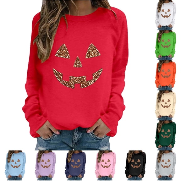 XFeng Women Crew Neck Long Sleeve Sweatshirt, Rhinestone Jack-O-Lantern Pumpkin Face Graphic Casual Holiday Pullover Top
