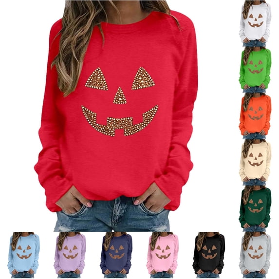 XFeng Women Crew Neck Long Sleeve Sweatshirt, Rhinestone Jack-O-Lantern Pumpkin Face Graphic Casual Holiday Pullover Top