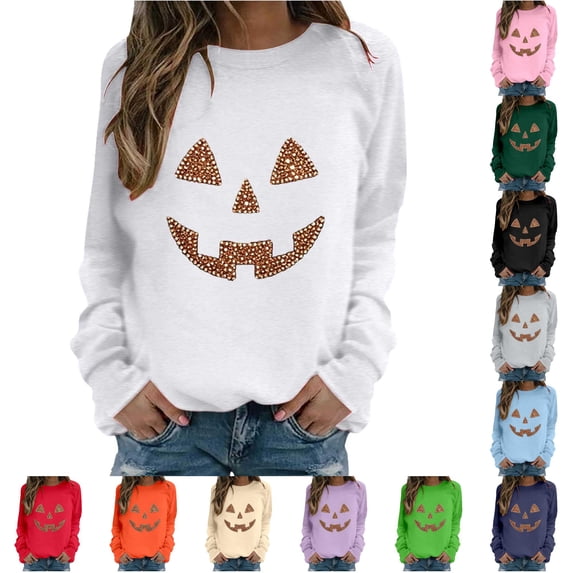 XFeng Women Crew Neck Long Sleeve Sweatshirt, Rhinestone Jack-O-Lantern Pumpkin Face Graphic Casual Holiday Pullover Top