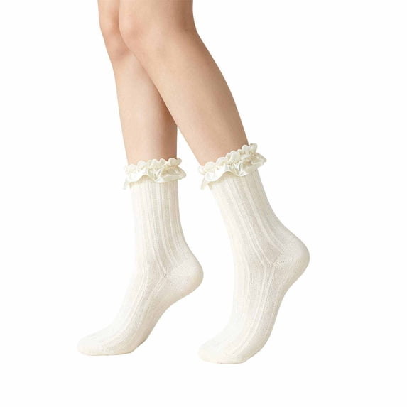 XFeng Women Crew Socks Ruffled Lace Textured Knit Soft Lightweight Novelty Mid Calf Socks for Party Dating Daily Wear,Beige,One Size
