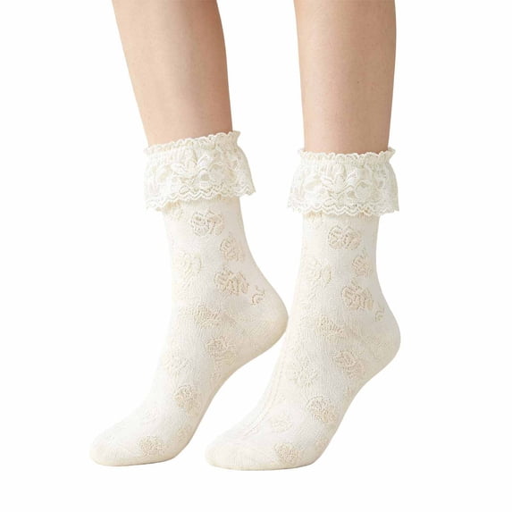 XFeng Women Crew Socks Ruffled Lace Textured Knit Soft Lightweight Novelty Mid Calf Socks for Party Dating Daily Wear,Beige,One Size