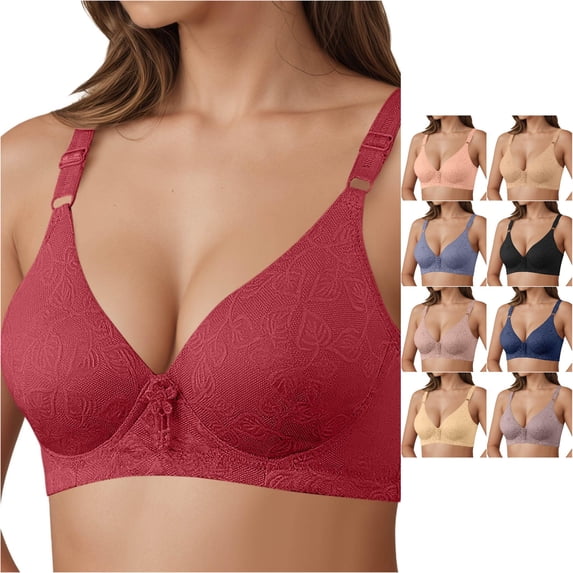 XFeng Women Floral Lace Underwire Bra, V Neck Adjustable Wide Straps Comfort Support Bra