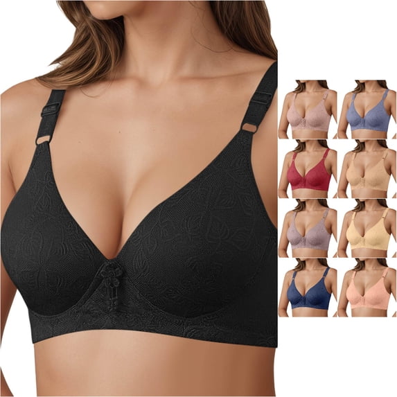 XFeng Women Floral Lace Underwire Bra, V Neck Adjustable Wide Straps Comfort Support Bra