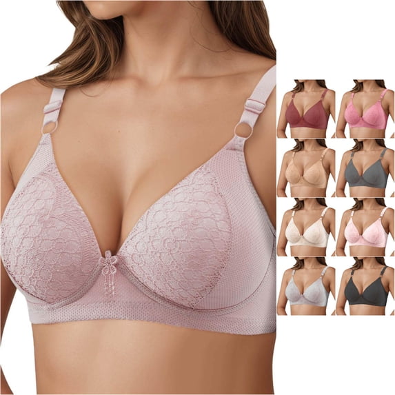 XFeng Women Floral Lace Underwire Bra, V Neck Adjustable Wide Straps Comfort Support Bra