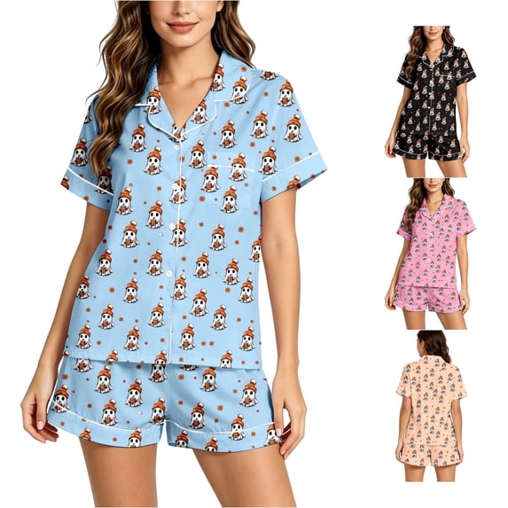 XFeng Women Ghost Pumpkin Print Short Sleeve Top & Shorts 2 Piece Pajama Set, Halloween Sleepwear