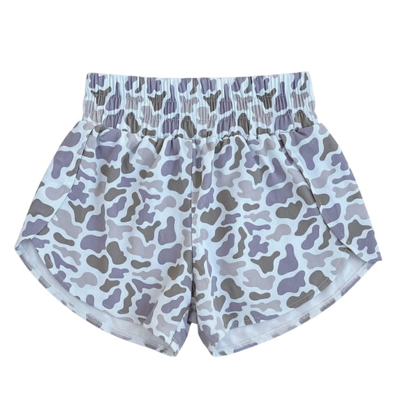 XFeng Women High Waist Athletic Shorts, Allover Camo Print Built-In Liner Split Hem Quick Dry Casual Running Workout Shorts