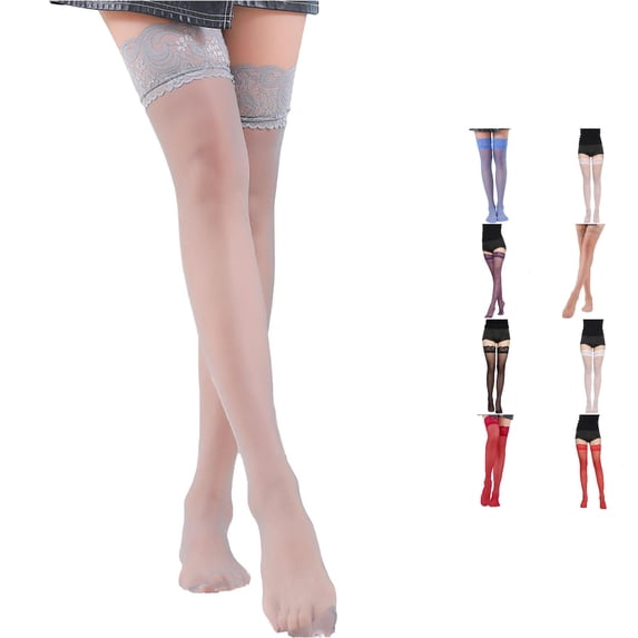XFeng Women Lace Top Thigh High Stockings Sheer Thin Nylon Hosiery Stretch Soft Stay Up Design for Party Date Evening Occasion Wear,Pink,One Size