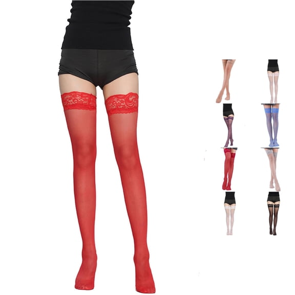 XFeng Women Lace Top Thigh High Stockings Sheer Thin Nylon Hosiery Stretch Soft Stay Up Design for Party Date Evening Occasion Wear,Pink,One Size