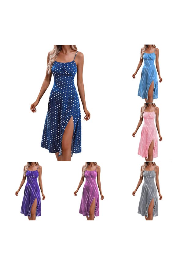 Women Polka Dot Spaghetti Strap Dresses Beach Vacation 2026 Causal Slit Midi Dress Trendy Boutique Clothes
