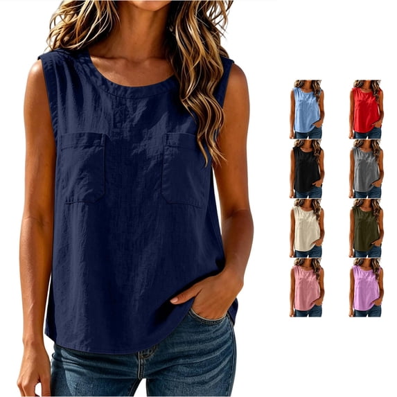 XFeng Women Round Neck Button Front Sleeveless Blouse, Ruffle Hem Loose Casual Tank Top