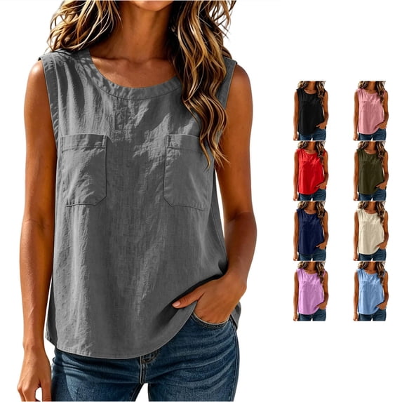 XFeng Women Round Neck Button Front Sleeveless Blouse, Ruffle Hem Loose Casual Tank Top