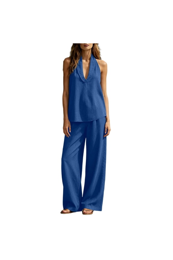 .Women Solid Halter V Neck Wide Leg Jumpsuit, Sleeveless Loose Long Pants One Piece Outfit.Blue.L