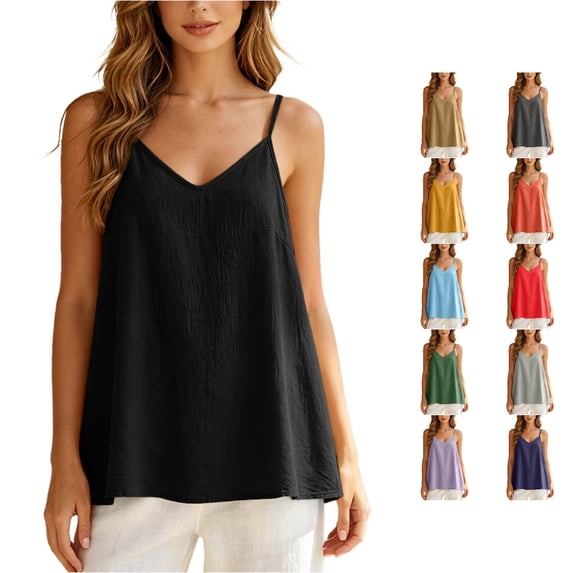 XFeng Women V Neck Flowy Cami Tank Top, Textured Loose Spaghetti Strap Blouse