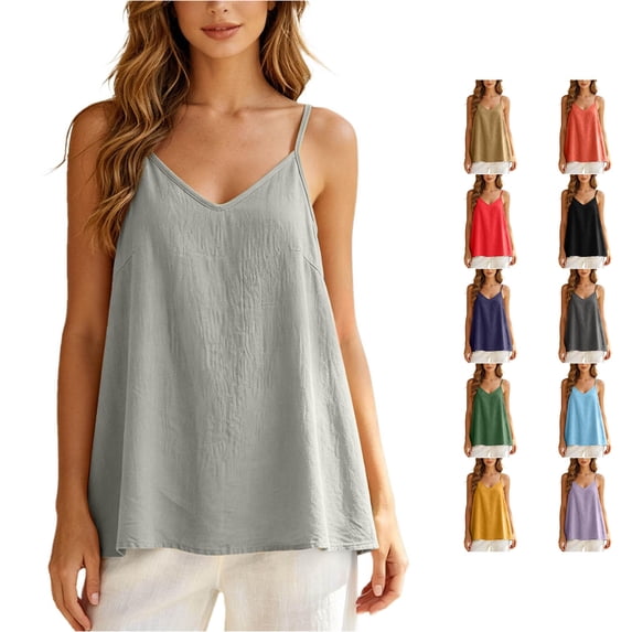 XFeng Women V Neck Flowy Cami Tank Top, Textured Loose Spaghetti Strap Blouse