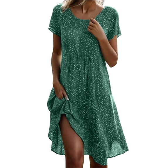 XFeng Women's Boho Floral Print Short Sleeve Dress Bohemian Summer Vacation Casual Loose Swing Midi Dresses