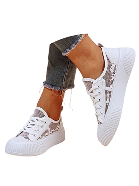 Women's Floral Breathable Sheer Mesh Sneakers,Lace Up Casual Canvas Sneakers Breathable Fashion Lightweight Flats Low Top Embroidery Walking Shoes,White,37