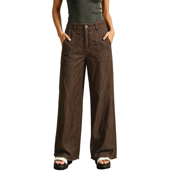 XFeng.Women's High Waist Wide Leg Denim Jeans, Loose Straight Full Length Flare Denim Trousers.Coffee.XL
