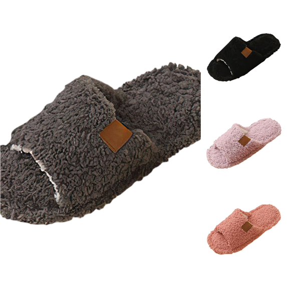 XFeng Women’s Open Toe Fuzzy Slide Slippers, Solid Faux Fur Soft Plush House Slippers, Non‑Slip Indoor Bedroom Slippers