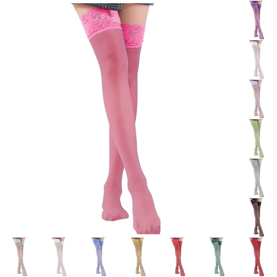 XFeng Women's Sheer Thigh High Stockings Wide Lace Top Silky Stretchy Non Hosiery for Skirt Outfits Date Night Party Daily Dressing,Green,One Size