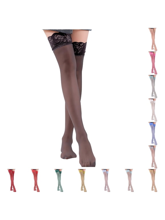 Women's Sheer Thigh High Stockings Wide Lace Top Silky Stretchy Non Hosiery for Skirt Outfits Date Night Party Daily Dressing,Green,One Size