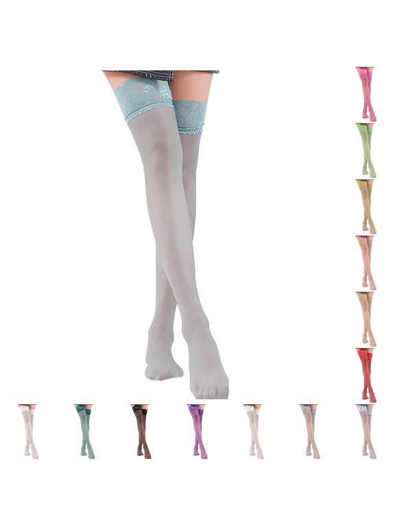 Women's Sheer Thigh High Stockings Wide Lace Top Silky Stretchy Non Hosiery for Skirt Outfits Date Night Party Daily Dressing,Green,One Size