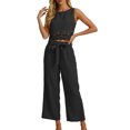 thumbnail image 1 of XFeng.Women's Sleeveless Lace Two Piece Shorts Set, Solid Color Round Neck Hollow Out Casual Romper Outfit.Black.L, 1 of 5