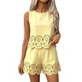 thumbnail image 1 of XFeng.Women's Sleeveless Lace Two Piece Shorts Set, Solid Color Round Neck Hollow Out Casual Romper Outfit.Yellow.S, 1 of 7