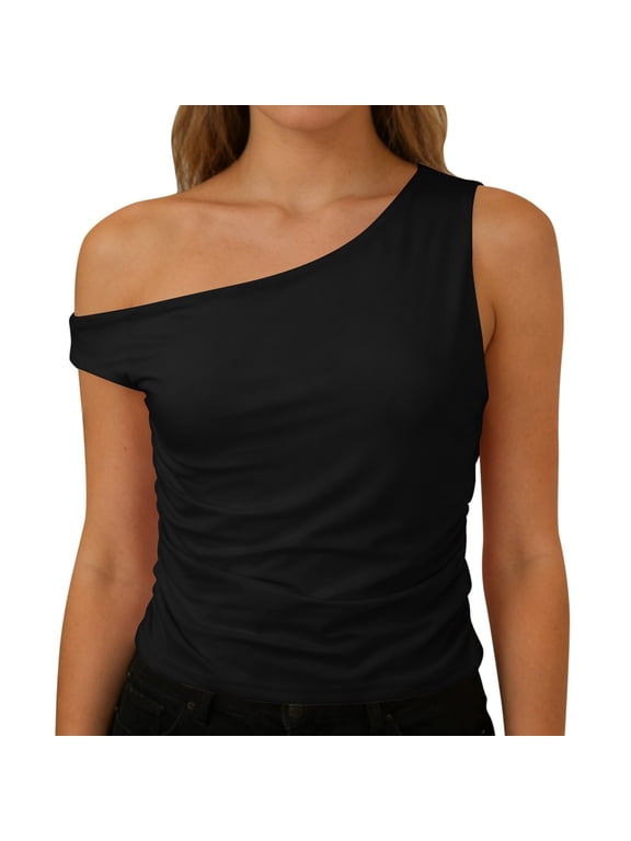 Womens Double Lined Off The Shoulder Tops Going Out Tank Crop Shirts Summer Going Out Tops for Women,Black,M