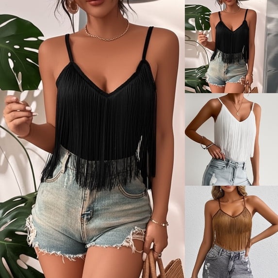 XFeng Womens Western Cowgirl Fringe Top - Country Concert Outfits Festival Tassel Hem Boho Rodeo Camisole Rave Tank Shirt,Black,M
