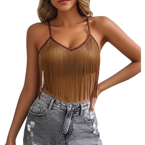 XFeng Womens Western Cowgirl Fringe Top - Country Concert Outfits Festival Tassel Hem Boho Rodeo Camisole Rave Tank Shirt,Coffee,L