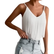 XFeng Womens Western Cowgirl Fringe Top - Country Concert Outfits Festival Tassel Hem Boho Rodeo Camisole Rave Tank Shirt,White,M