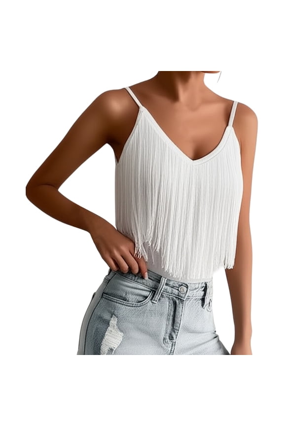 Womens Western Cowgirl Fringe Top - Country Concert Outfits Festival Tassel Hem Boho Rodeo Camisole Rave Tank Shirt,White,M