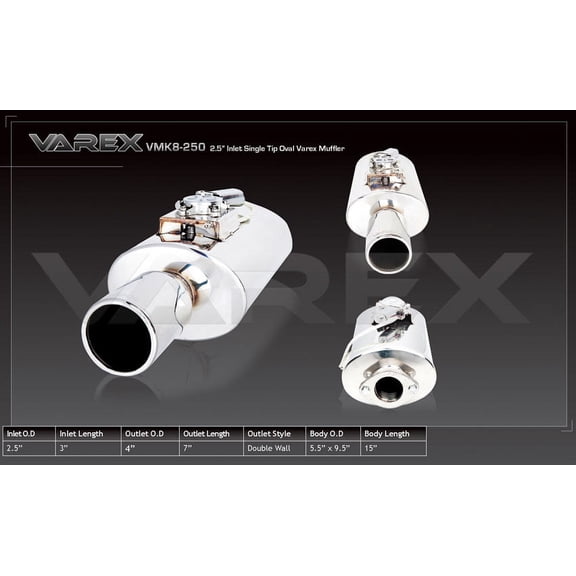 XForce VMK8-250 Varex Universal Oval Muffler, 2.5" Flanged Inlet, 4" Single Double Wall Tip