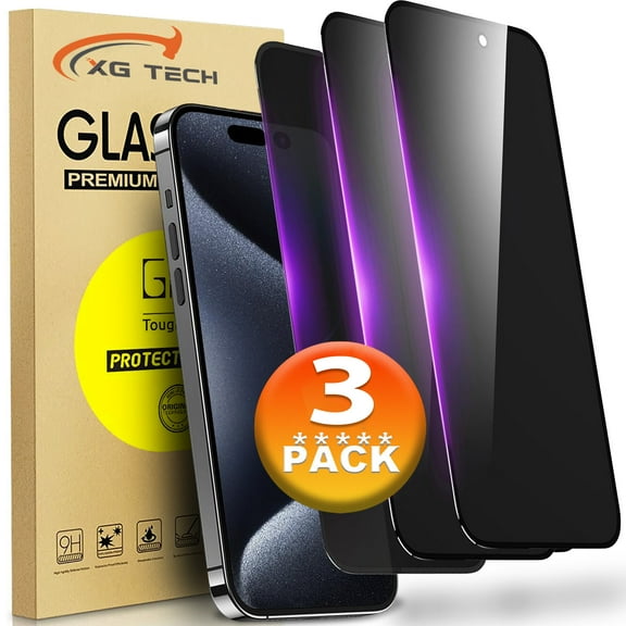XG-Tech Privacy 6.7 inch Tempered Glass Screen Film Protector for iPhone 15 Pro Max, 3 Pack