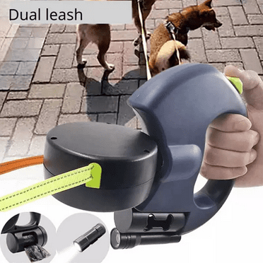 XGEEK (2) Two Dog Reflective Retractable Pet Leash Ropes – 360 Degree Zero Tangle - Two Dogs Each up to 50 lbs, Reflective Orange and Green Leads, Dual Locking, Auto Retractable with Flashlight