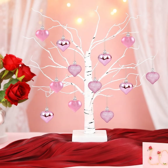 XGFHYJEH 12pcs Valentines Day Heart Ornaments, Classic Red Pink Silver Shaped Hanging Baubles, Valentine's Decorations for Tree, Love Decor Outdoor Wedding Party Gift