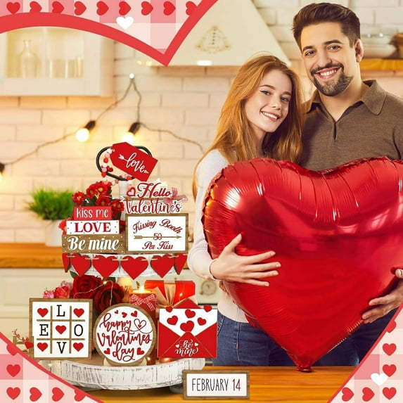 XGFHYJEH 15pcs Valentine Tiered Tray Decor Set Valentine Table Decorations Conversation Heart Wooden Decoration Farmhouse Valentines Day Decorations Heart Wooden Signs for Home