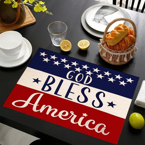 XGFHYJEH 4th of July Placemats, Patriotic Independence Memorial Day Place Mats, Linen Fabric Table Mats for Party Kitchen Dining Decoration, Washable Table Mats for Indoor Outdoor Holiday