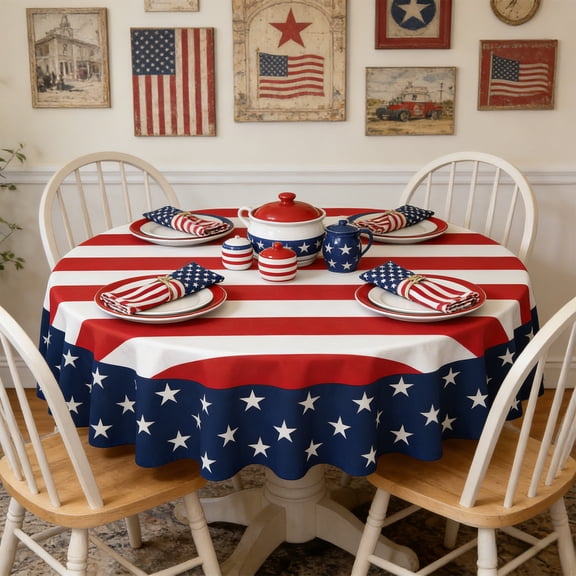 XGFHYJEH 4th of July Tablecloth, Patriotic Memorial Day Decor Print Table Cloth Round, Independence Day Decorations Red Blue and White Washable Tablecloths for Party Dinner