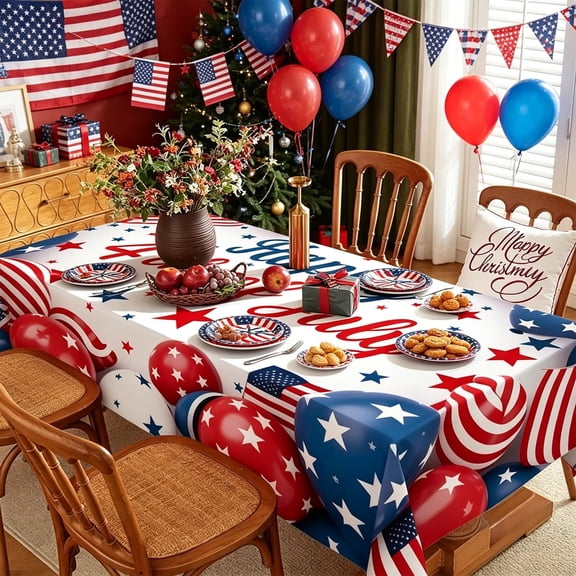 XGFHYJEH 4th of July Tablecloth, Patriotic Memorial Day Decor Print Table Cloth Round, Independence Day Decorations Red Blue and White Washable Tablecloths for Party Dinner, 150*200cm