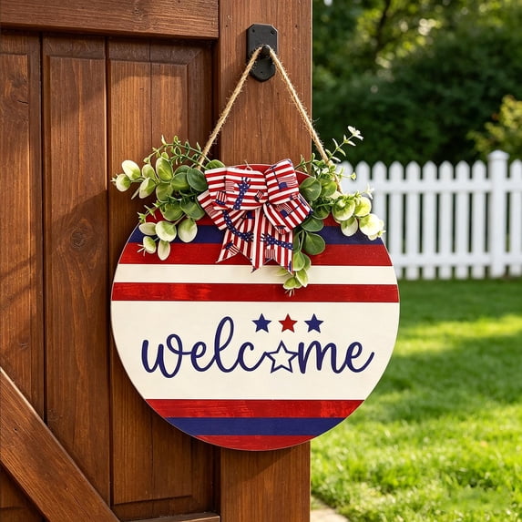 XGFHYJEH 4th of July Welcome Door Sign, Patriotic Red White Blue Double Sided Door Hanger for Front Door, Entryway, Porch, Weatherproof Reusable Door Decor for Independence Day