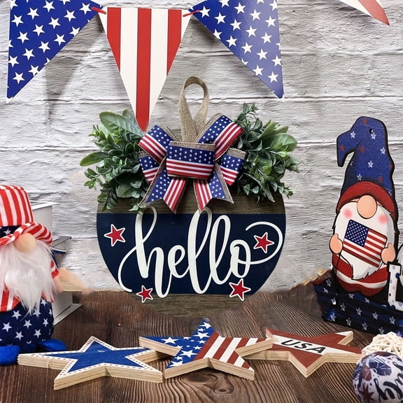 XGFHYJEH 4th of July Wreath, Patriotic Wreaths for Front Door Wooden Welcome Wreath, Independence Memorial Day Decorations - Round Outdoor Door Hanger for Porch, Wall, Window Decor